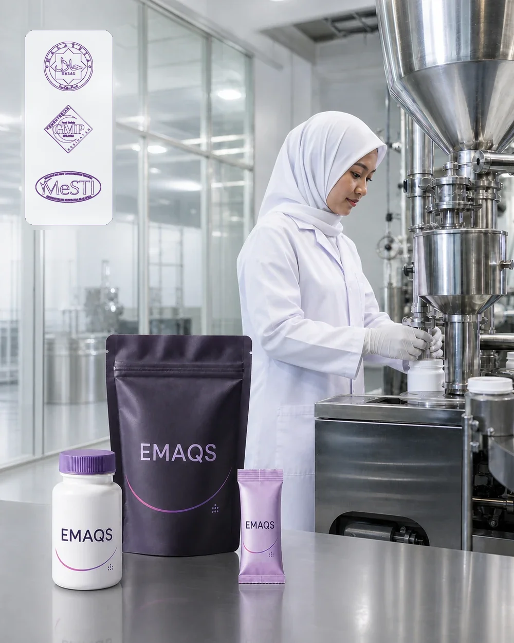 Kakitangan EMAQS di mesin pengisian bersama mockup botol, pouch, sachet serta tanda pensijilan Halal, GMP dan MeSTI